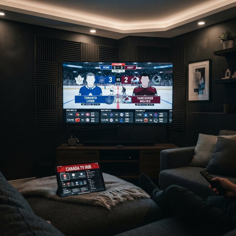 A man is sitting on a couch watching hockey on a large screen TV.