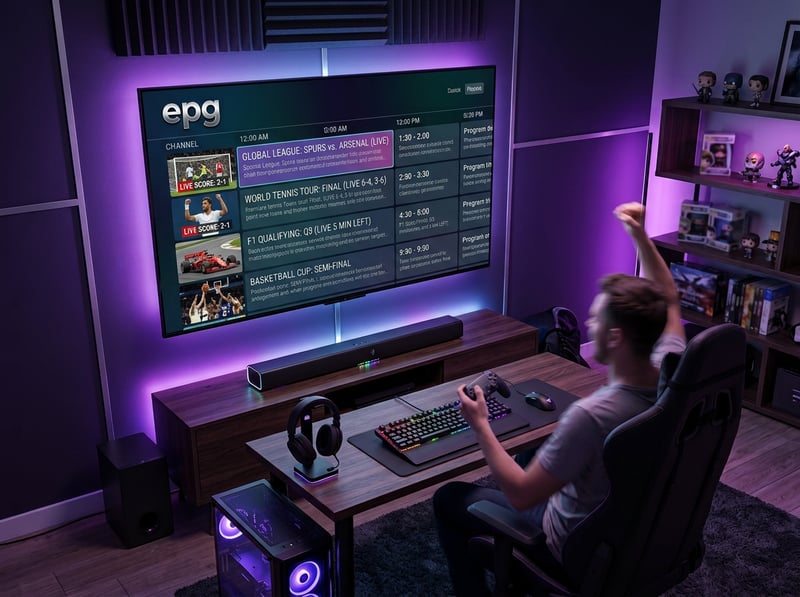 A man sitting in front of a large screen TV with a keyboard and mouse, watching IPTV.