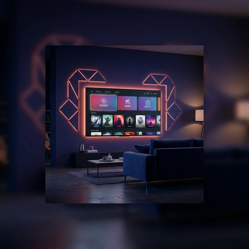 A large flat screen TV with a blue background and a menu of IPTV channels.