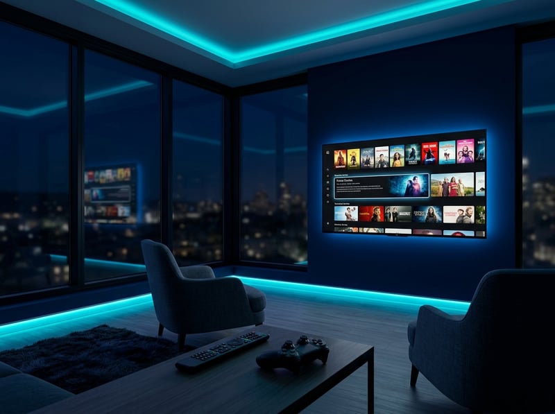 A large flat screen TV with a blue frame and a blue light around it.