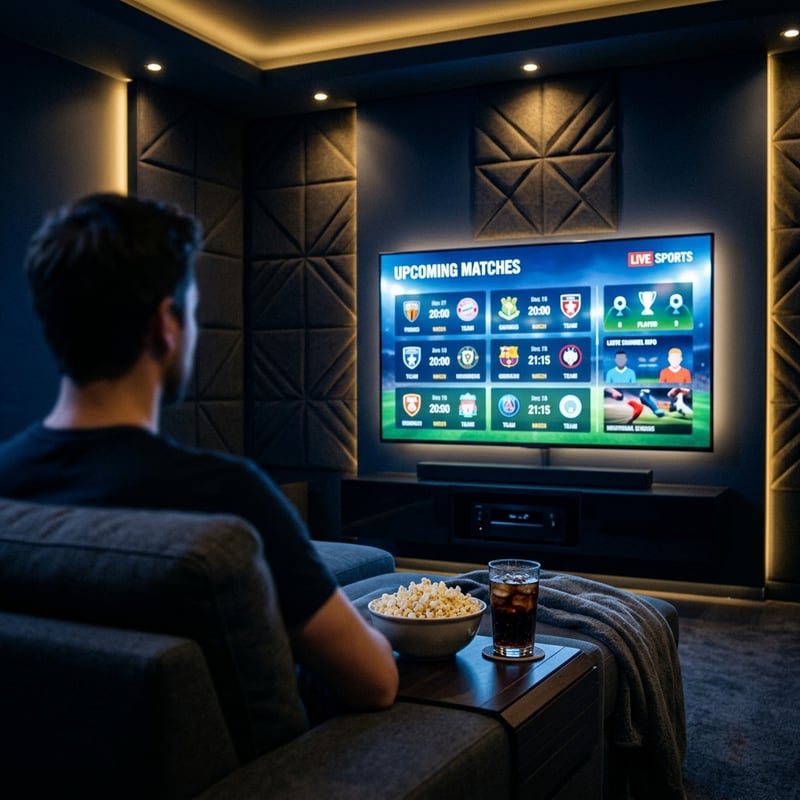A man is sitting in a living room watching a TV that shows upcoming matches.