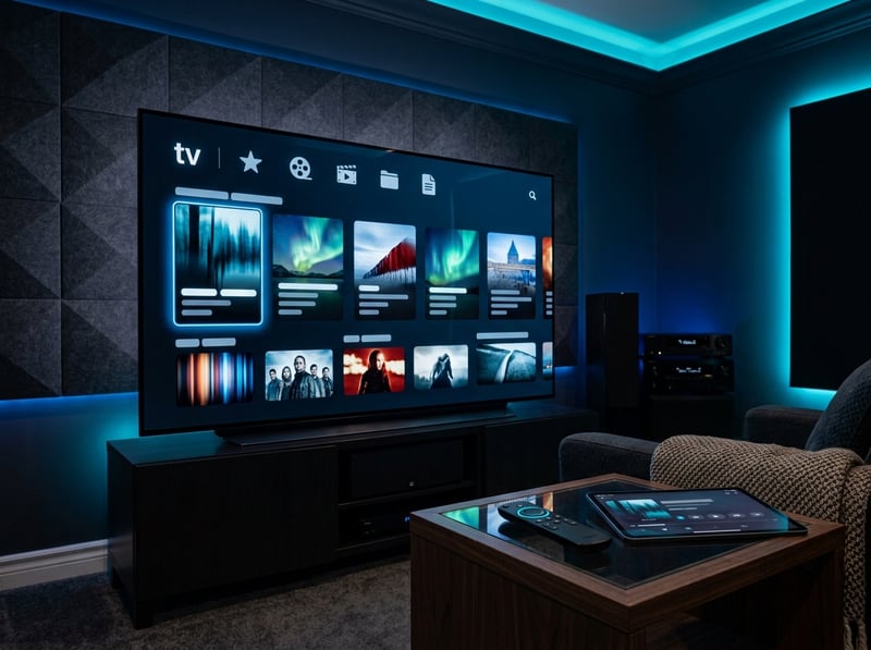 A large flat screen TV with a menu on the screen.