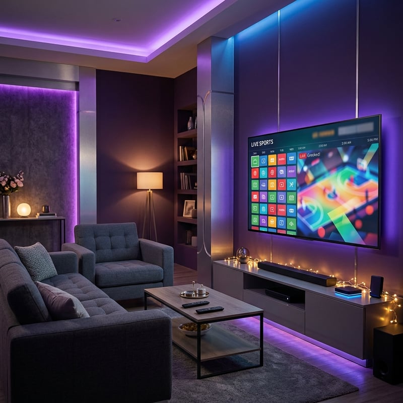 A living room with a flat screen TV and a purple wall.
