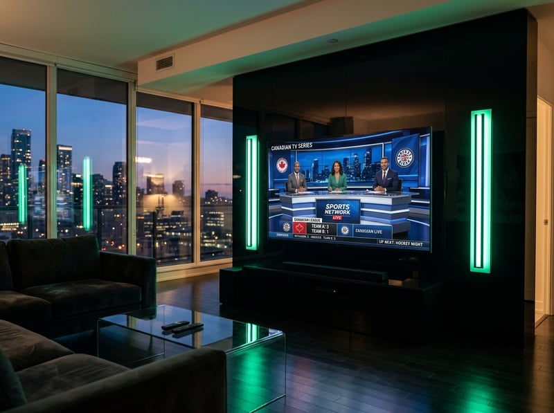 A flat screen TV displaying a sports show with a city skyline in the background.