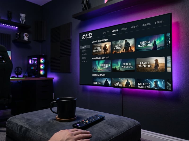 A man is sitting on a couch in front of a large screen TV that is displaying a list of movies and shows.