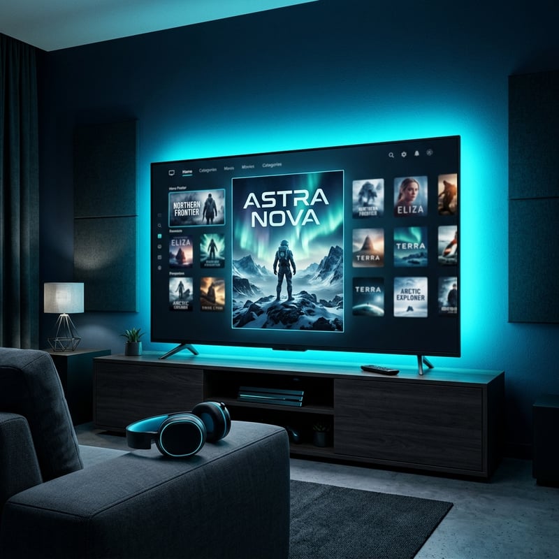 A large flat screen TV with a blue light on it.