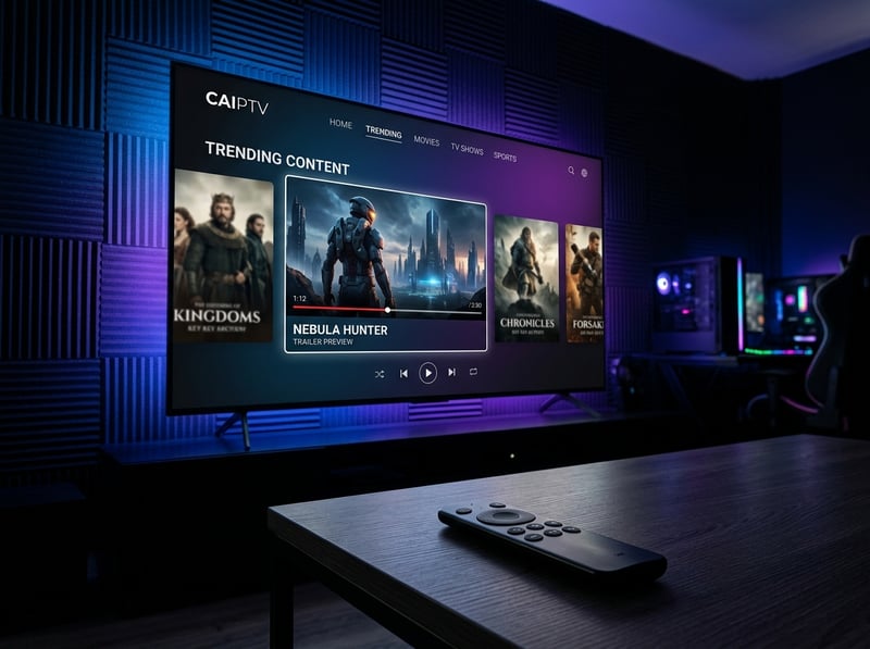 A flat screen TV displaying the IPTV app.