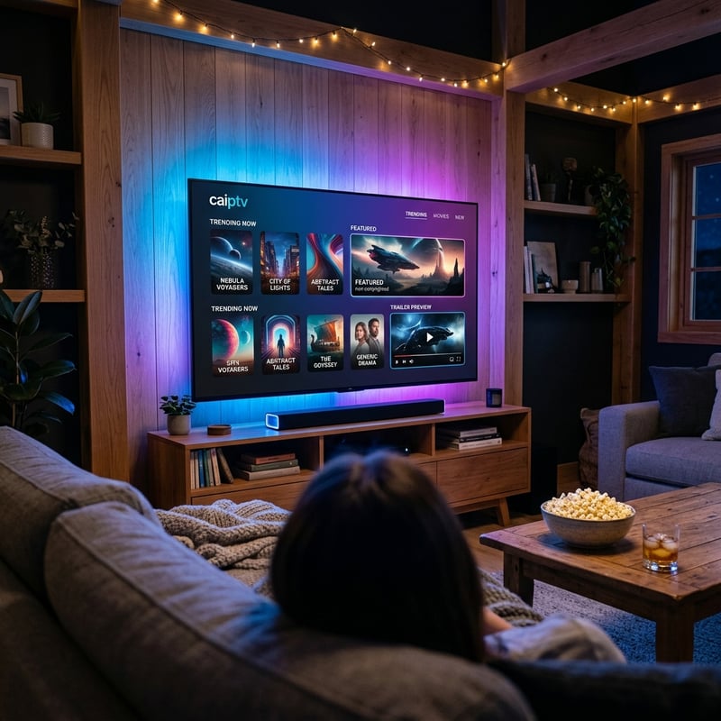 A woman is sitting on a couch in front of a large flat screen TV that is displaying a menu of IPTV channels.