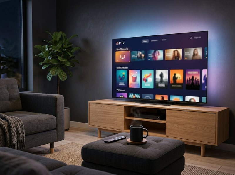 A large flat screen TV with the IPTV app on the screen.