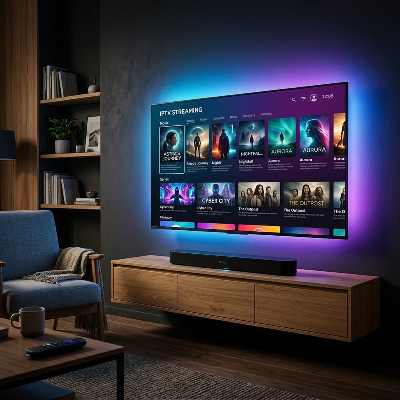 A large flat screen TV with IPTV streaming on it.