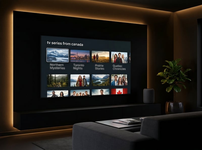 A large flat screen TV with IPTV shows from Canada.