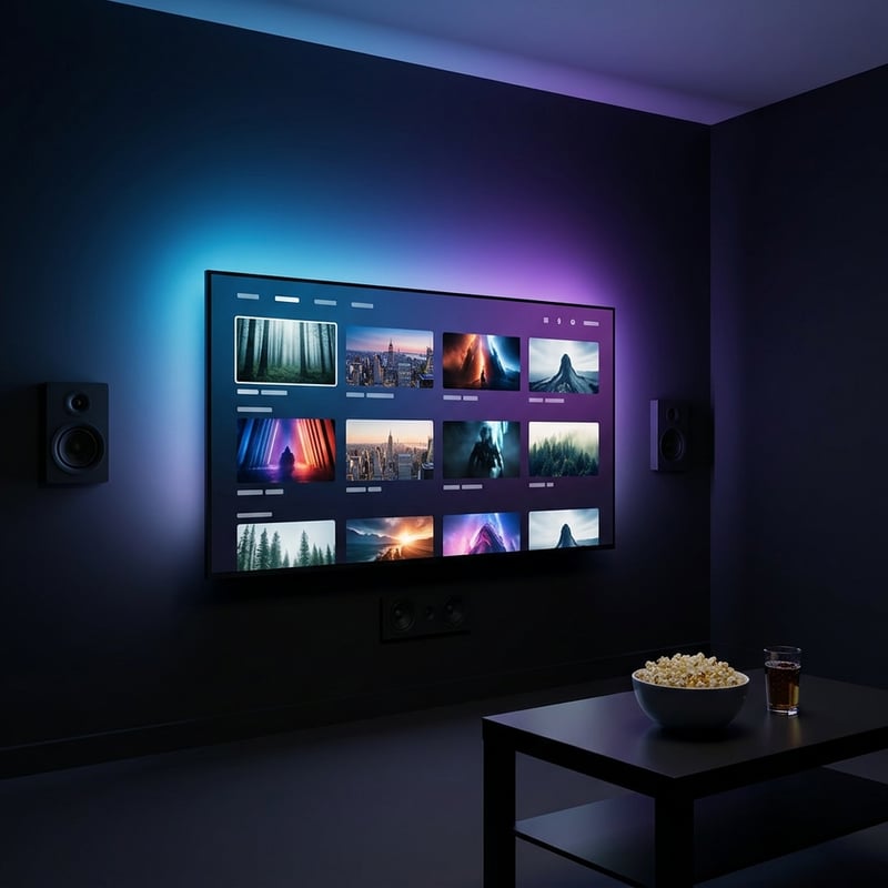 A large flat screen TV with a bowl of popcorn on a table in front of it.