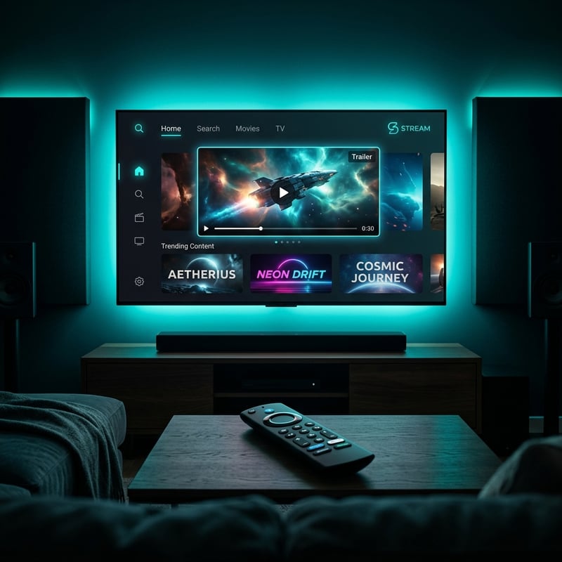 A flat screen TV with a remote control and a neon blue light on the bottom.