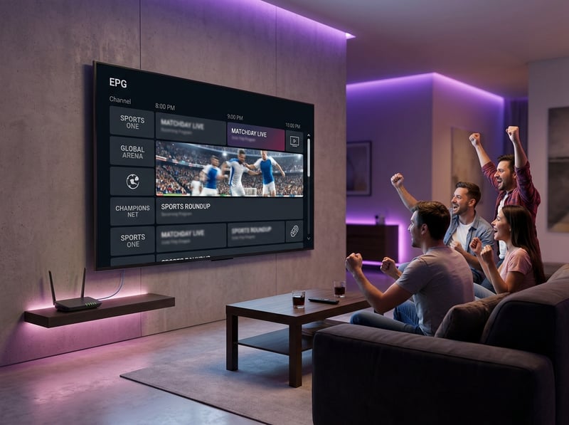 A group of people are watching a soccer match on a large screen TV.