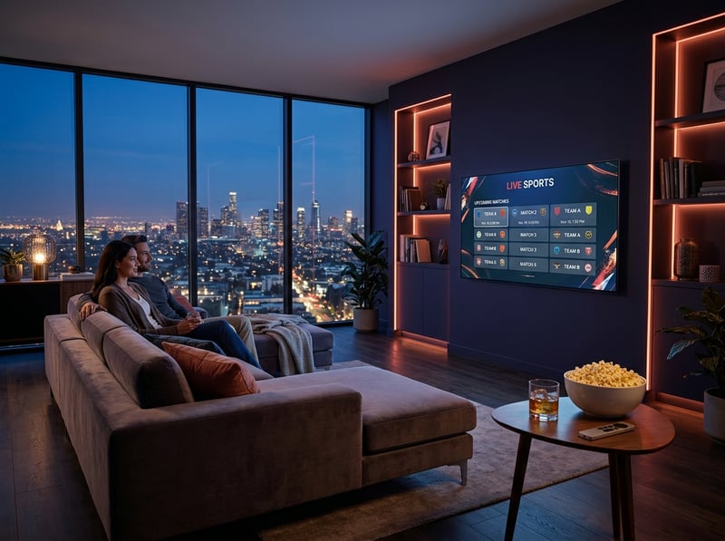 A couple watches a large flat screen TV in a living room.