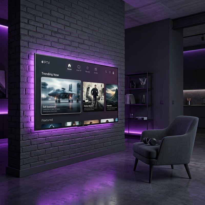 A large flat screen TV with a purple background displaying IPTV content.