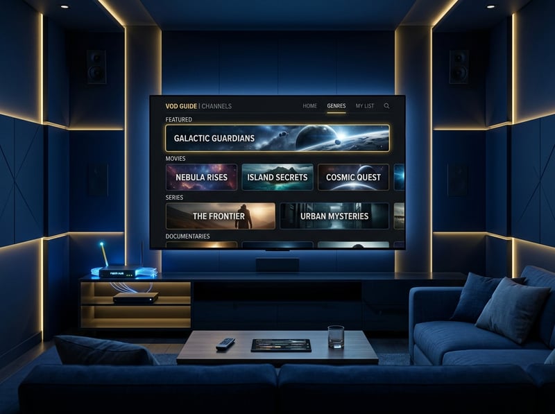 A large flat screen TV displaying a menu of channels including Galactic Guardians.