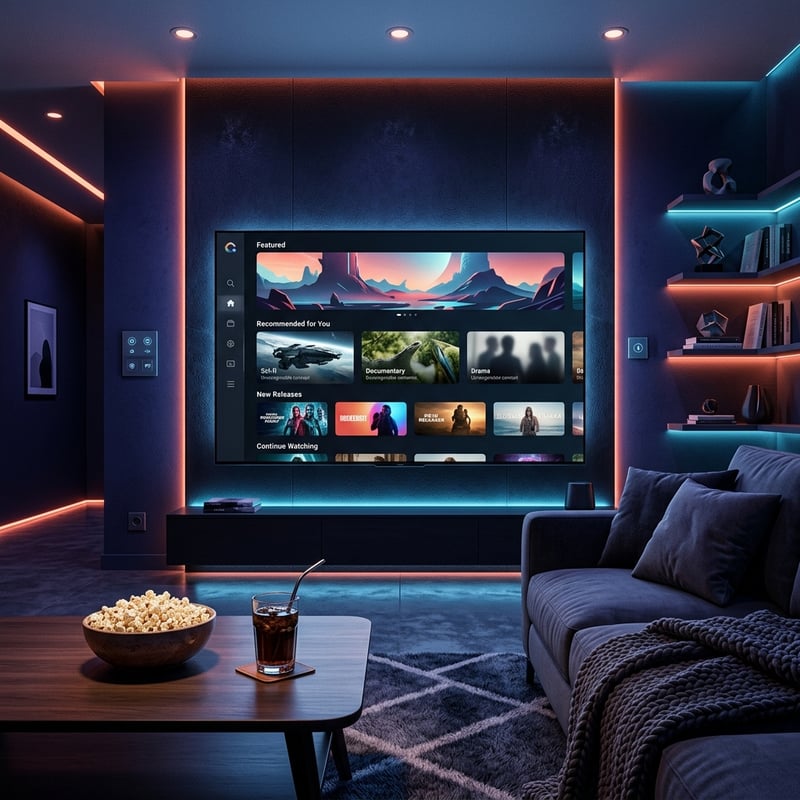 A large flat screen TV with a remote control and a bowl of popcorn in front of it.