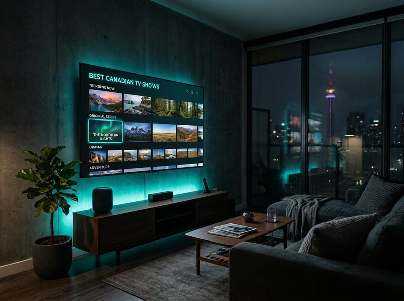 A large flat screen TV with a blue light on it.