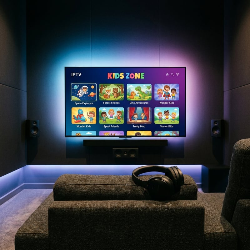 A large flat screen TV with the IPTV app on it.