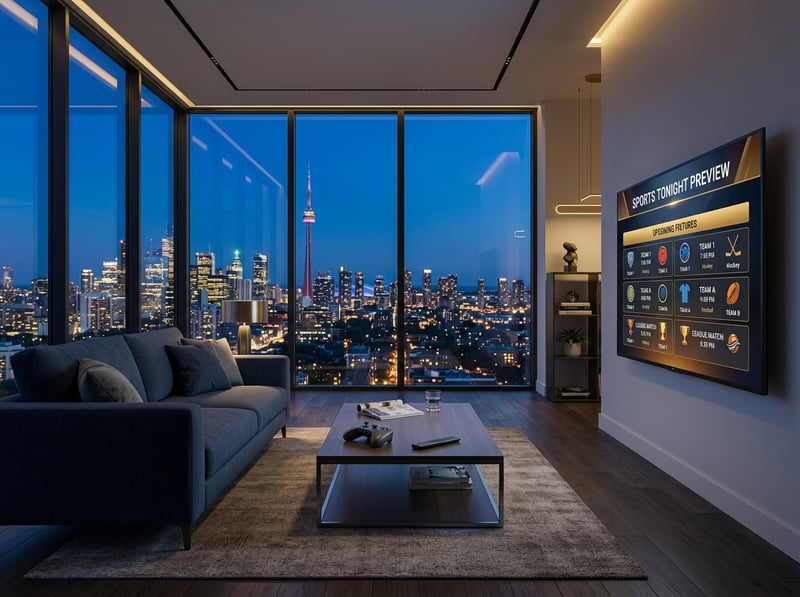 A living room with a large window overlooking a city at night.