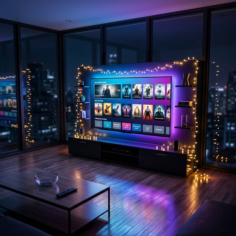 A large flat screen TV with a purple frame and a city view in the background.