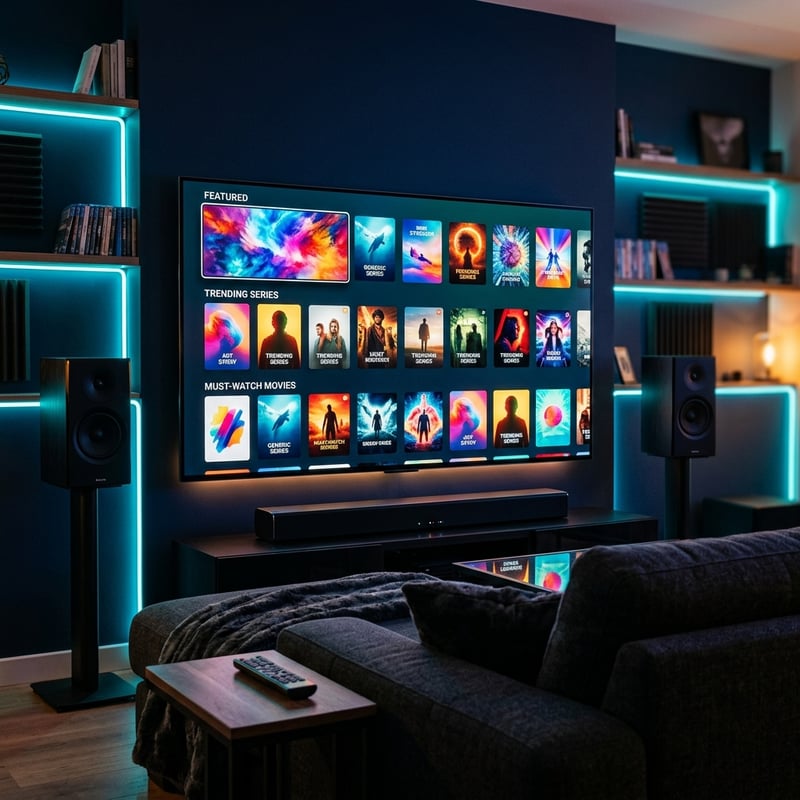 A large flat screen TV with a menu of movies and shows on it.