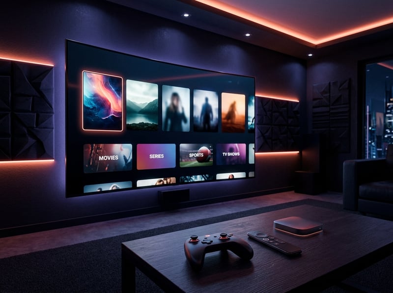 A large flat screen TV with a remote control on a table in front of it.
