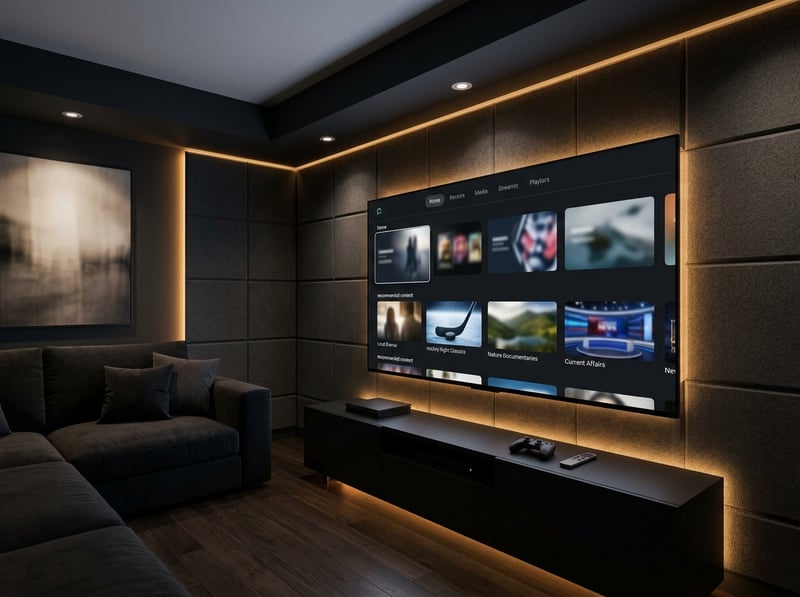 A large flat screen TV with a black frame and a black stand displaying a menu of IPTV options.