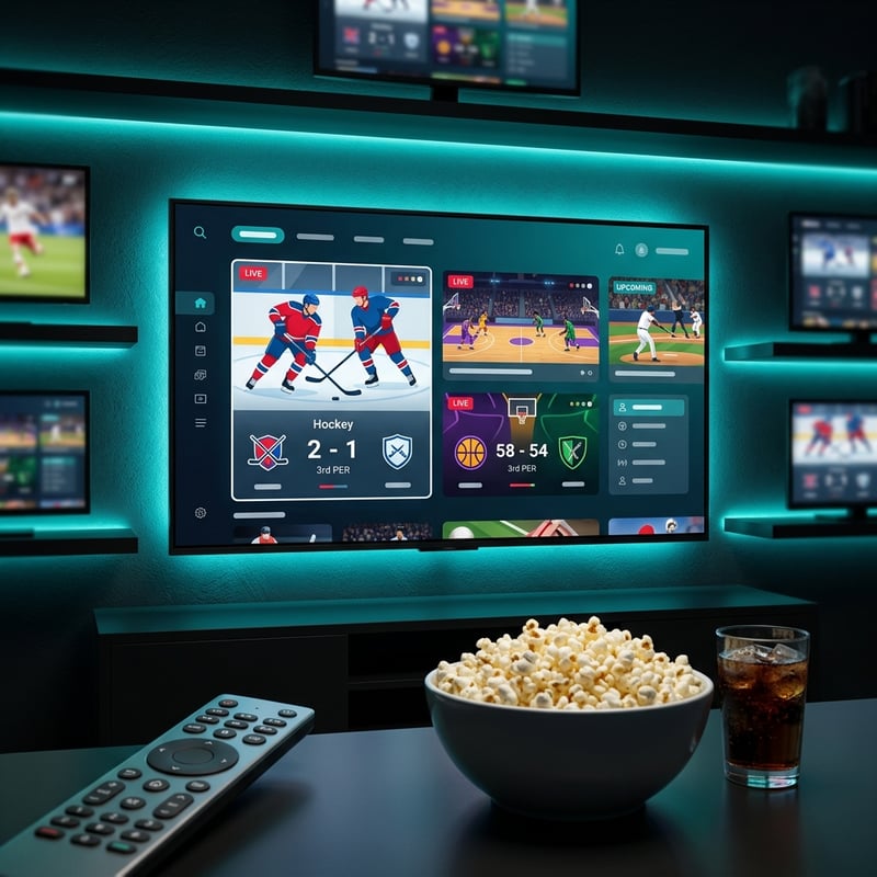 A large flat screen TV displaying a hockey game with a bowl of popcorn on the table in front of it.