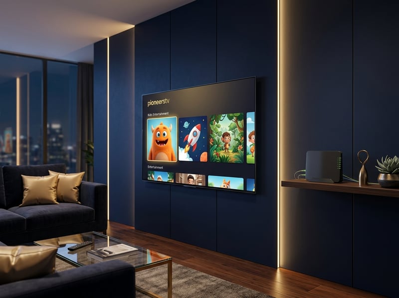 A large flat screen TV with a blue frame and a picture of a rocket on it.