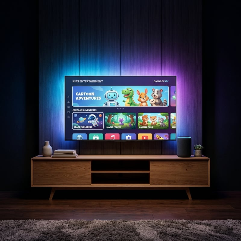 A flat screen TV with a cartoon display on it.