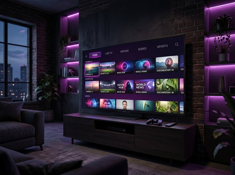 A large flat screen TV with a menu of IPTV channels.