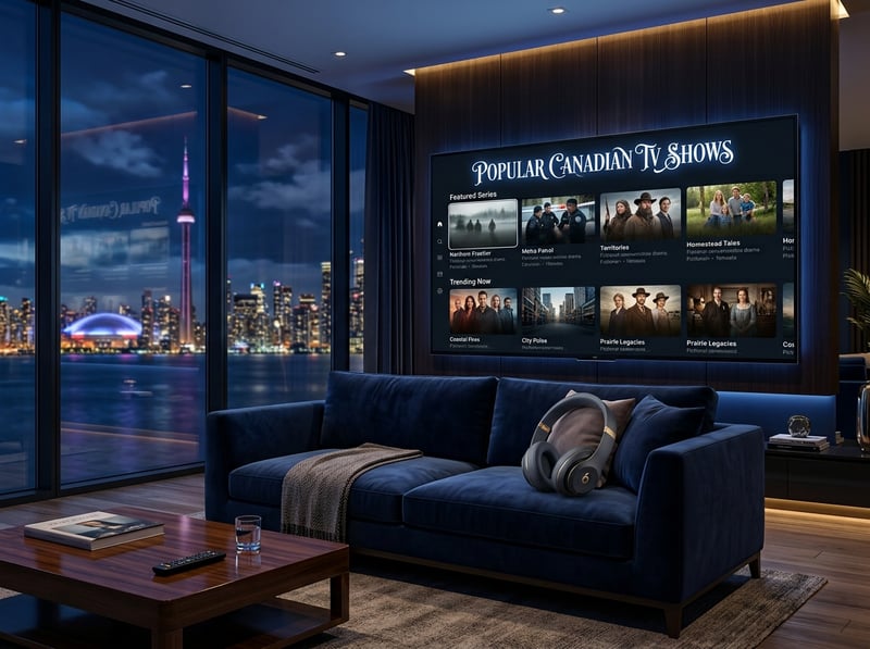 A large flat screen TV displaying popular Canadian TV shows.