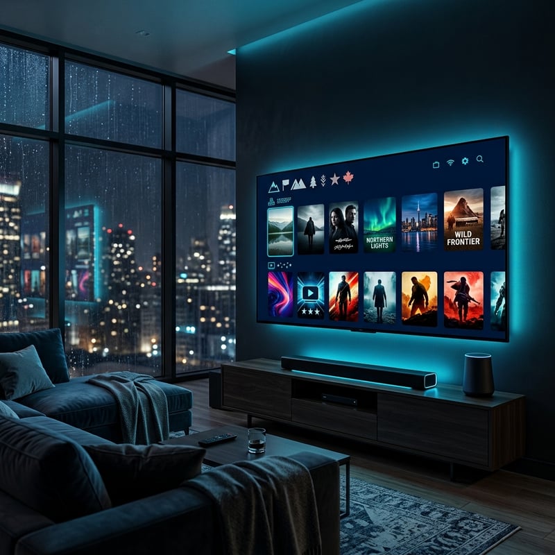 A large flat screen TV with a blue light on in a living room.