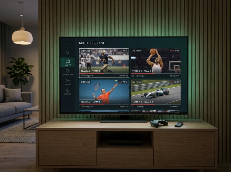 A flat screen TV displaying a sports channel with multiple sports images and videos.