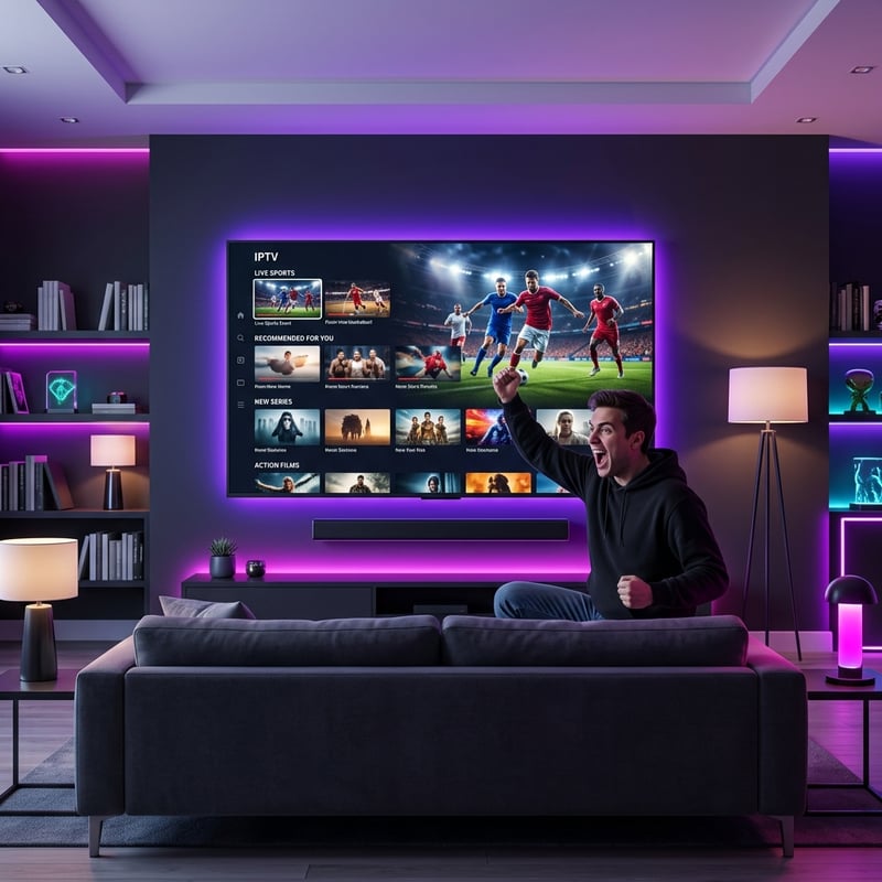 A man sitting on a couch in front of a large flat screen TV with a remote in his hand.