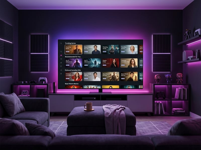 A large flat screen TV displaying a list of movies and shows.