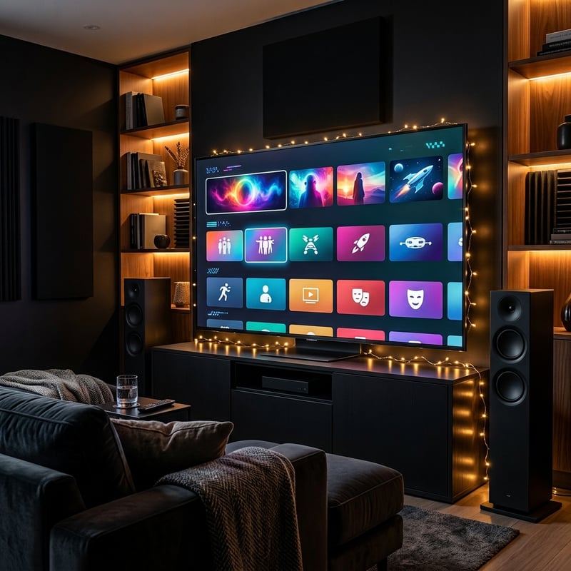 A large flat screen TV with a black frame and a black stand displaying a menu of IPTV channels.
