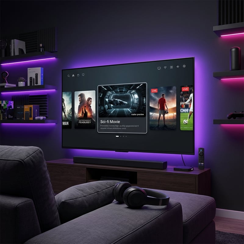 A large flat screen TV with a purple light underneath it.