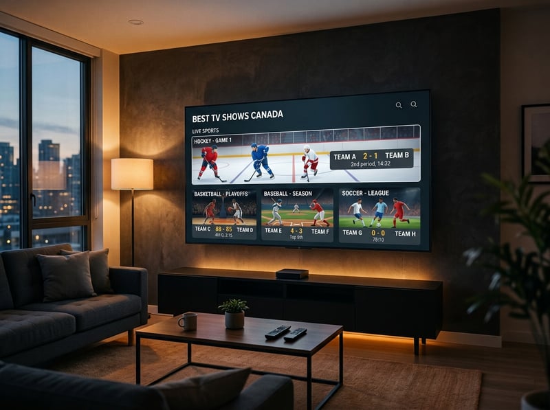 A large flat screen TV displaying a hockey game.