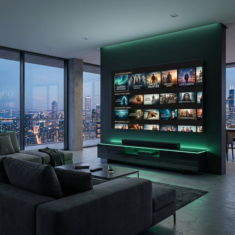 A large flat screen TV with a green frame and a cityscape in the background.