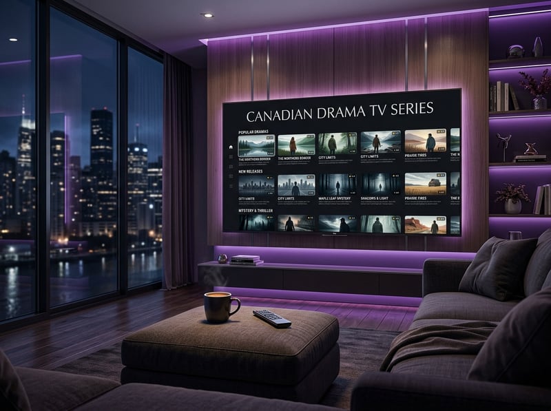 A large flat screen TV displaying Canadian drama TV series.