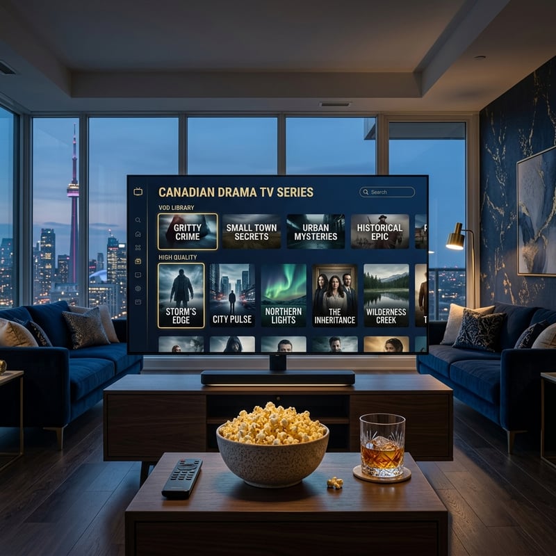 A large flat screen TV displaying Canadian drama series.