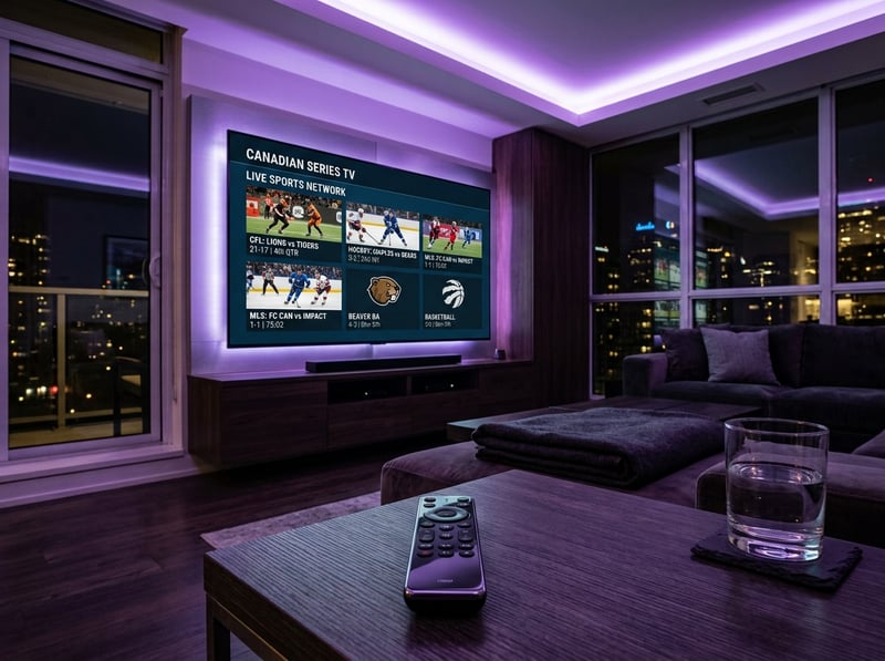A large flat screen TV displaying Canadian Series Live Sports TV.