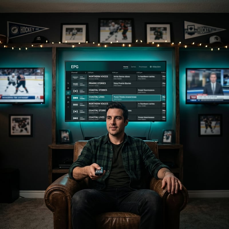 A man sitting in a chair in front of a large IPTV screen.