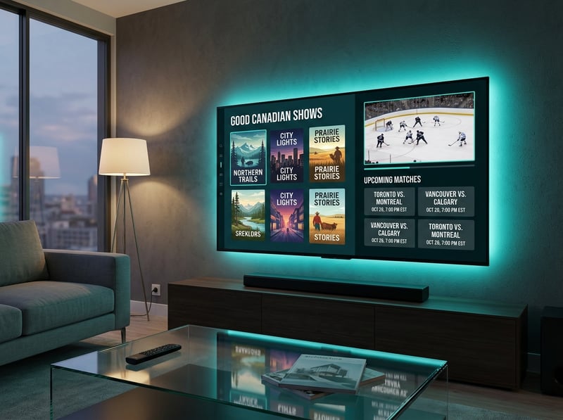 A flat screen TV with a menu of Canadian shows on it.