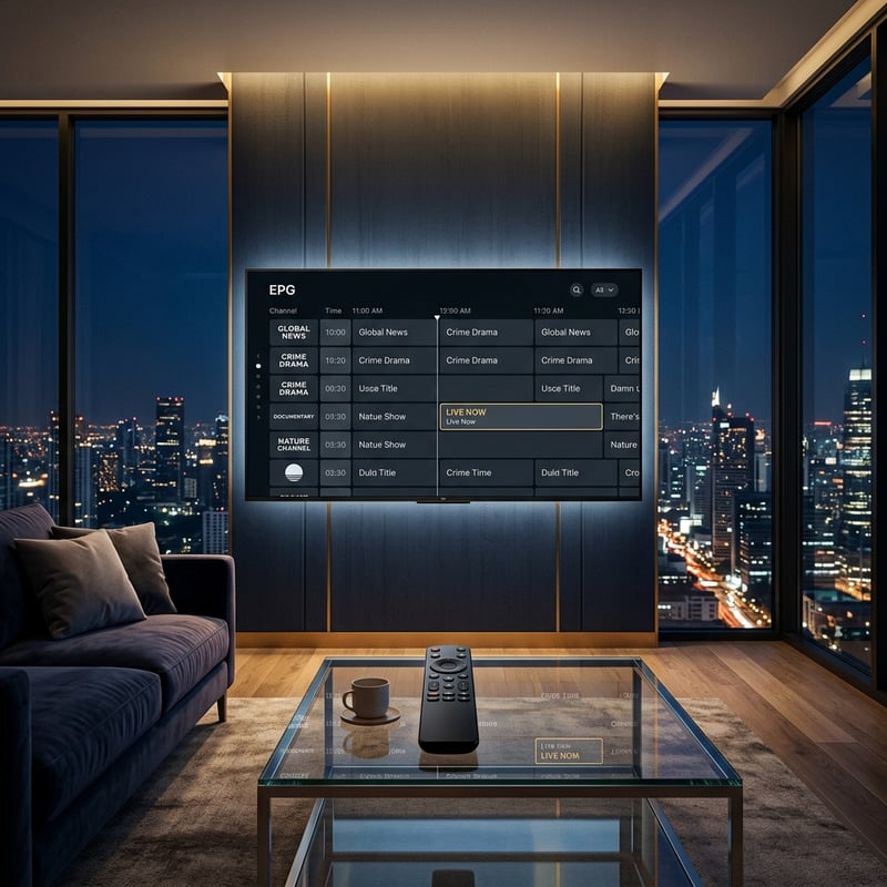 A flat screen TV with the IPTV app on the screen.