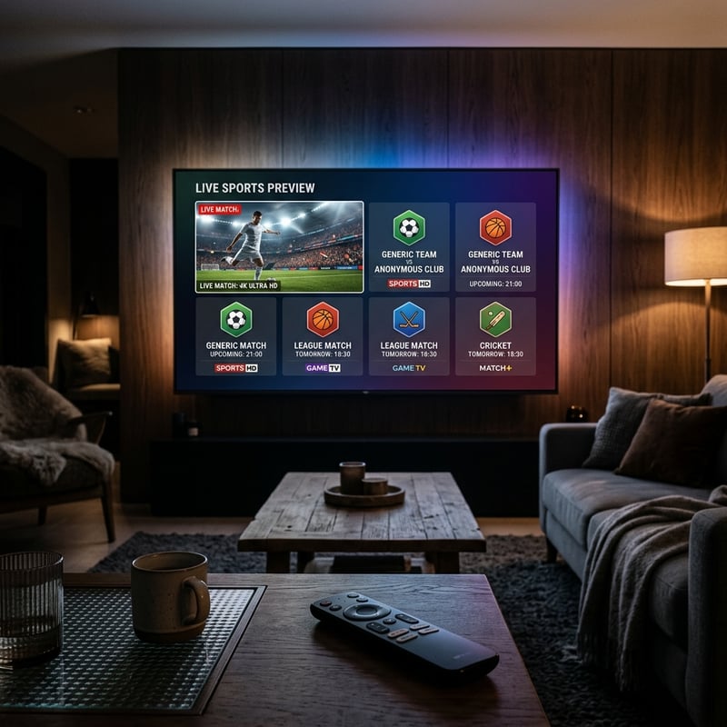 A large flat screen TV displaying a sports game with a remote control on the coffee table.