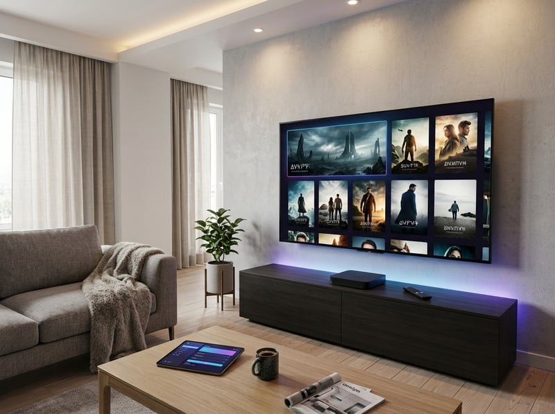 A large flat screen TV with a black frame and a picture of a man on it.